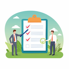 Complete checklist or finishing checkbox, task done within deadline, complete tasks list or project, approval or achievement concept, businessman put tick on complete checklist on paper clipboard