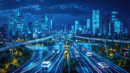 Obraz premium Futuristic Cityscape at Night with Illuminated Buildings and Busy Highways under a Dark Sky with Clouds