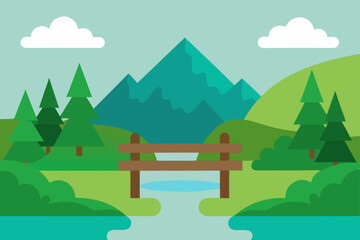 Serene Mountain Landscape Peaceful Park Bench by a Tranquil Stream