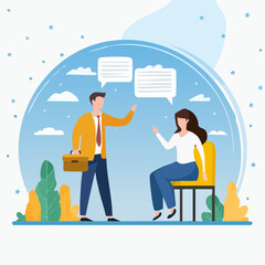 Employee feedback, opinion or colleague voice for improvement, message discussion, telling or comment each other, appraisal or review process, businessman and woman telling feedback to each othe