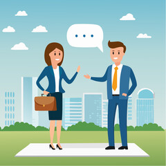 Employee feedback, opinion or colleague voice for improvement, message discussion, telling or comment each other, appraisal or review process, businessman and woman telling feedback to each othe