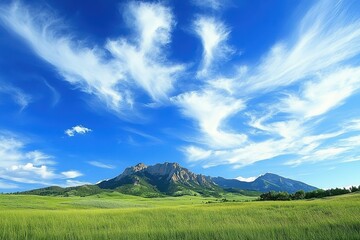 Obraz premium Breathtaking Flatirons Beneath a Clear Colorado Blue Sky, Showcasing Vibrant Summer Landscapes and Lush Green Fields