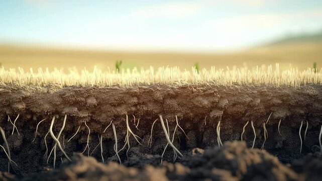 Detailed view of soil profile with plant roots and sprouts in a field