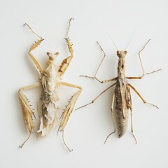 Two types of mantis insects on a light background