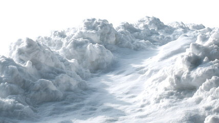 A snowy landscape with deep snow drifts and a path carved through the wintery white surface providing atmospheric depth isolated on white transparent