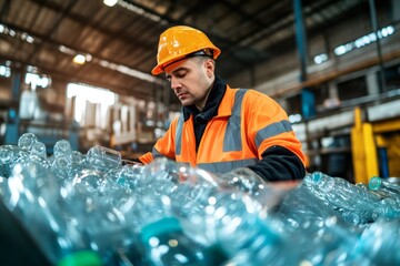 Engineer inspecting plastic bottles on conveyor belt in recycling plant