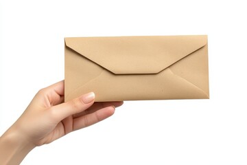 Fototapeta premium Elegant Female Hand Holding Envelope Against a Clean White Backdrop for Communication and Correspondence
