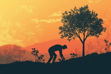 Individual Nurturing New Life: Symbol of Reforestation for a Sustainable Future in an Ecologically Revived Landscape