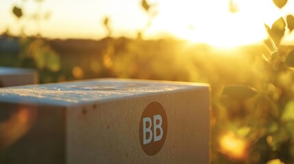 Sunset over a field with wooden blocks