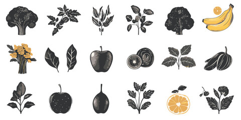 Compostable material silhouette icons showcasing various fruits and vegetables in a clean 2D vector design for eco-friendly initiatives