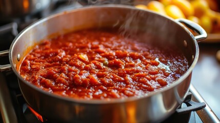 Tomato sauce simmering in a pan