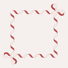 Square frame made of curly red ribbon with cute bows in two corners. Elegant and festive design perfect for invitations or decorative elements.
