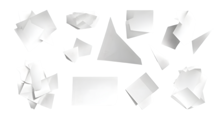 Abstract composition of white paper elements floating against a geometric pattern representing a creative design concept isolated on white transparent