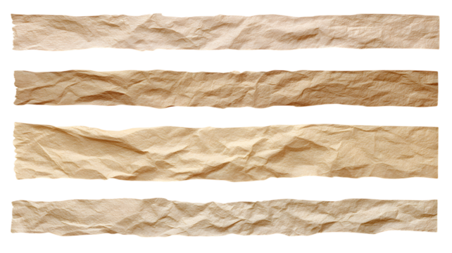 Abstract composition of torn brown paper strips and black background with rough edges and textured surface design isolated on white transparent