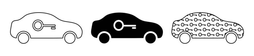 Car with key symbol icons in different styles. Car security, buying, selling, and rental concept.