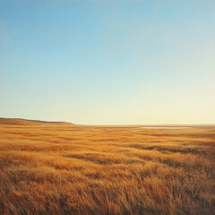 Fototapeta premium vast tundra landscape with soft golden grass and clear blue sky
