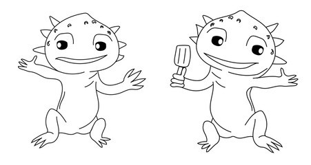 Line cartoon lizard, summer doodle, joy cute graphic coloring page for kids, coloring book animal isolated