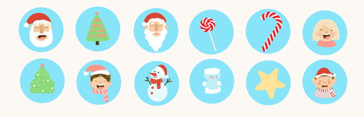 Merry round stickers, santa xmas decoration, vintage flat vector, merry enjoy, star, candy, christmas tree in blue