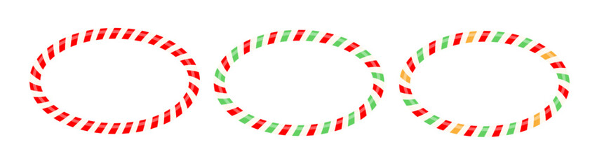 Set round candy frames, Candy cane  set decorations, frame, round ring frame, red white straight lines, realistic, collection New Year Holiday elements. Xmas Striped candy ca