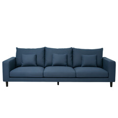 A modern luxury three-seater sofa in navy blue linen fabric adjustable headrests and slim black legs isolated on a transparent background