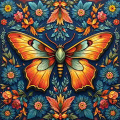Golden butterfly surrounded by glowing blue flowers. Fantasy garden mood.