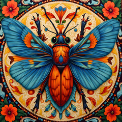 Bright orange and blue moth with flowers and ornate background. Bold and magical vibe.