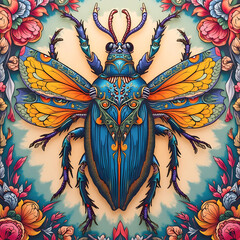 Colorful fantasy beetle with golden wings and floral background. Cool decorative insect design.