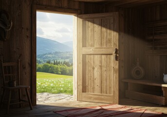 Obraz premium Open wooden door of a rustic cabin reveals a scenic mountain landscape