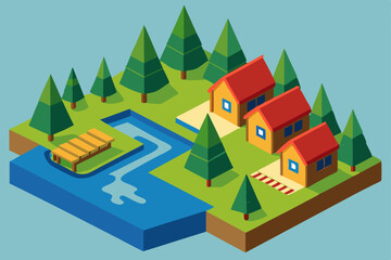 Isometric Illustration Lakeside Cottages nestled in a tranquil pine forest