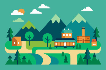 Obraz premium Serene Mountain Village Illustration Picturesque Landscape with Winding River and Cozy Homes