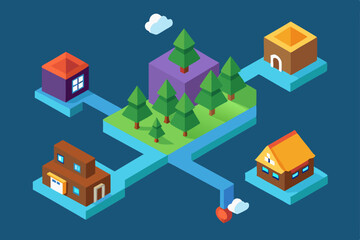 Isometric Village Connected Homes and Nature - Pixel Art Design