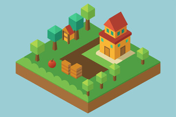 Charming Isometric Farm House Illustration Rural Landscape Design
