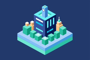 Isometric Cityscape Modern Architecture in a Blocky, Pixelated Design