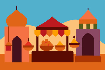 Vibrant Desert Market Spices, Fruits, and Architectural Wonders