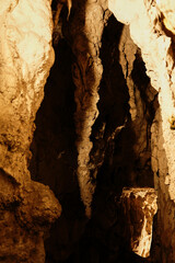 Close-up of rocky ceiling with intricate formations inside Stopica Cave. Zlatibor, Serbia country. A popular place among tourists in low season