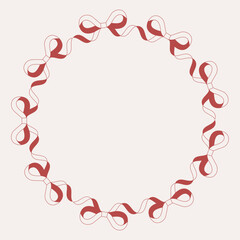 Round frame made of continuous red bows. Repeating ribbon pattern gives it a festive and ornamental look for cards, stickers or labels.