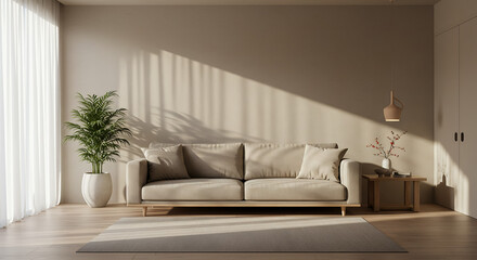 "Zen Harmony &ndash; Japanese-Inspired Space with Low Taupe Sofa & Natural Minimalism"