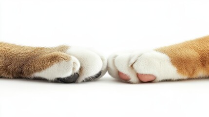 Duo of Cat and Dog Paws United in Harmony on Clean White Canvas