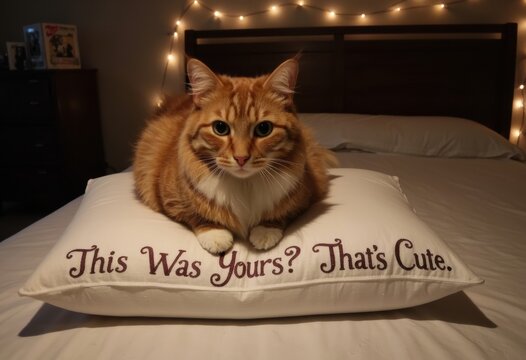 A playful orange cat lounging on a pillow with a humorous message - Powered by Adobe