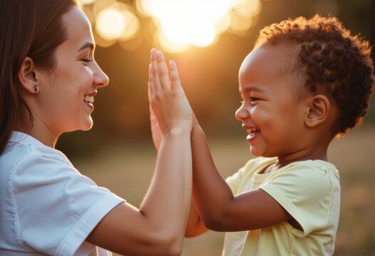 Joyful interaction between a mother and her child during sunset