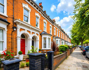 Clapham terraced houses made of brick. England's London.