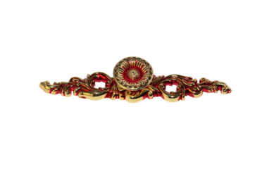 Decorative red and gold floral baroque ornament with intricate scrollwork design, photographed on clean white background, concept of luxury vintage