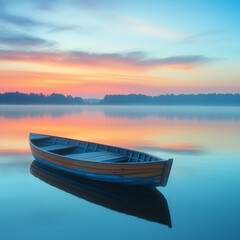 Naklejka premium small-wooden-boat-on-a-calm-teal-lake-at-sunrise
