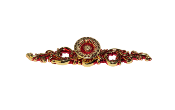 Decorative red and gold floral baroque ornament with intricate scrollwork design, photographed on clean white background, concept of luxury vintage