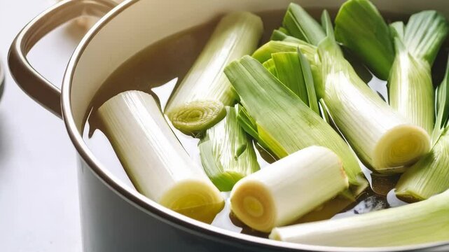 Fresh leeks soaking in water inside cooking pot, preparing ingredients for healthy vegetarian dish, natural healthy nutrition, cooking food concept.