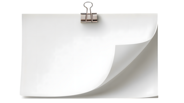 Blank white paper with rolled edge and metal binder clip isolated on a white background ideal for design concepts