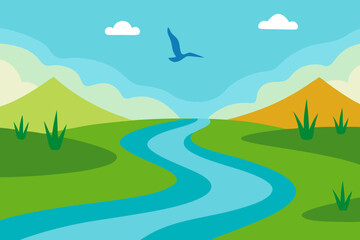 Fototapeta premium Serene River Landscape A Peaceful Nature Illustration