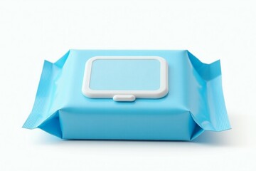 One blue packages wet wipes isolated white background. Clean disposable sanitary products. Compact portable skincare travel. Convenient cleaning baby, body, face. Healthcare product, hygiene.


