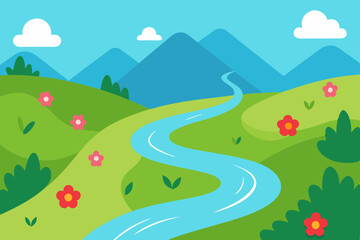 Obraz premium Serene River Winding Through Lush Green Valley and Majestic Mountains A Picturesque Landscape