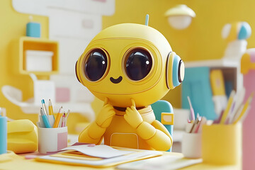 A cheerful, yellow cartoon robot sitting at a desk with pencils and papers in a bright, colorful room